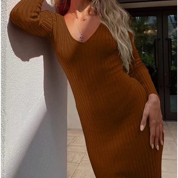 - 💕 BROWN Women's Sexy Long Sleeve Off Shoulder Knit Bodycon Long Dress *NEW* - Picture 3 of 3